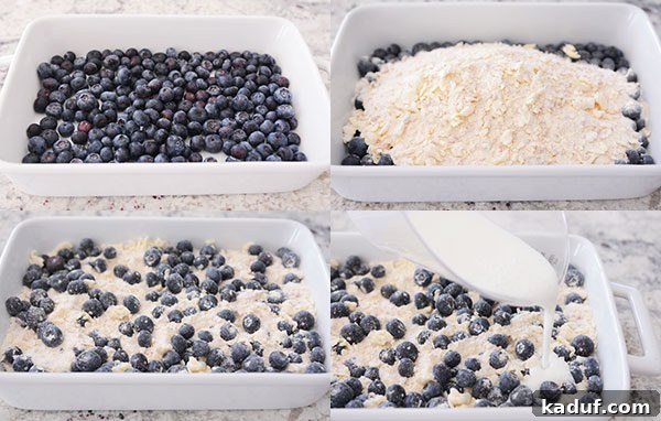 Effortless Blueberry Dump Cake 5 A visual guide showing four steps: spreading blueberries, topping with cake mix and butter, tossing gently, and drizzling with buttermilk to prepare the dump cake for baking.