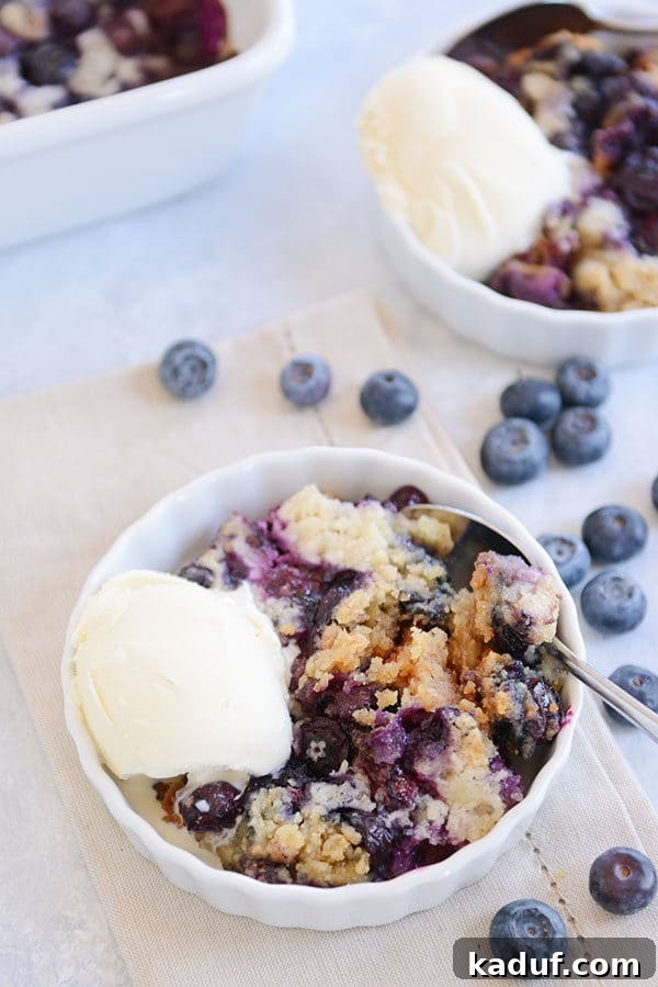 Effortless Blueberry Dump Cake 8 Individual white ramekins filled with warm blueberry dump cake, garnished with a side of vanilla ice cream and a sprinkle of fresh blueberries, highlighting the dessert's comforting appeal.