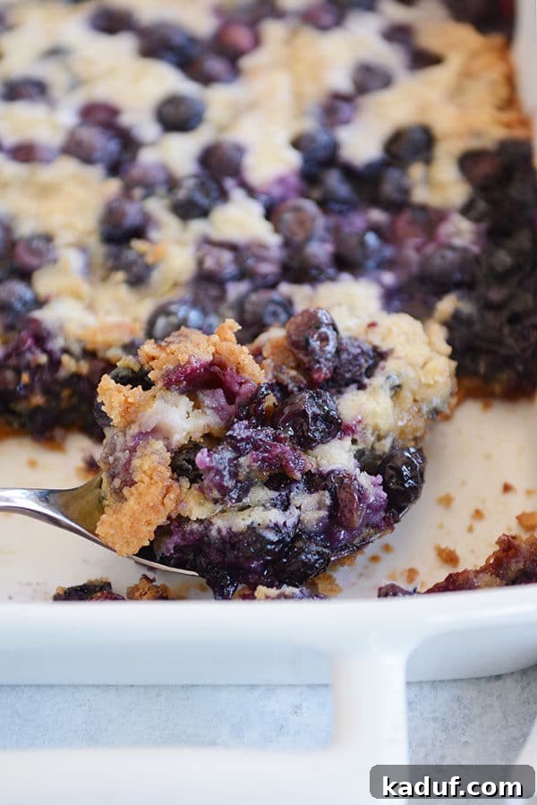 Effortless Blueberry Dump Cake 9 A large metal spoon taking a generous scoop of warm blueberry dump cake from a white baking dish, showcasing its soft interior and glistening blueberries.