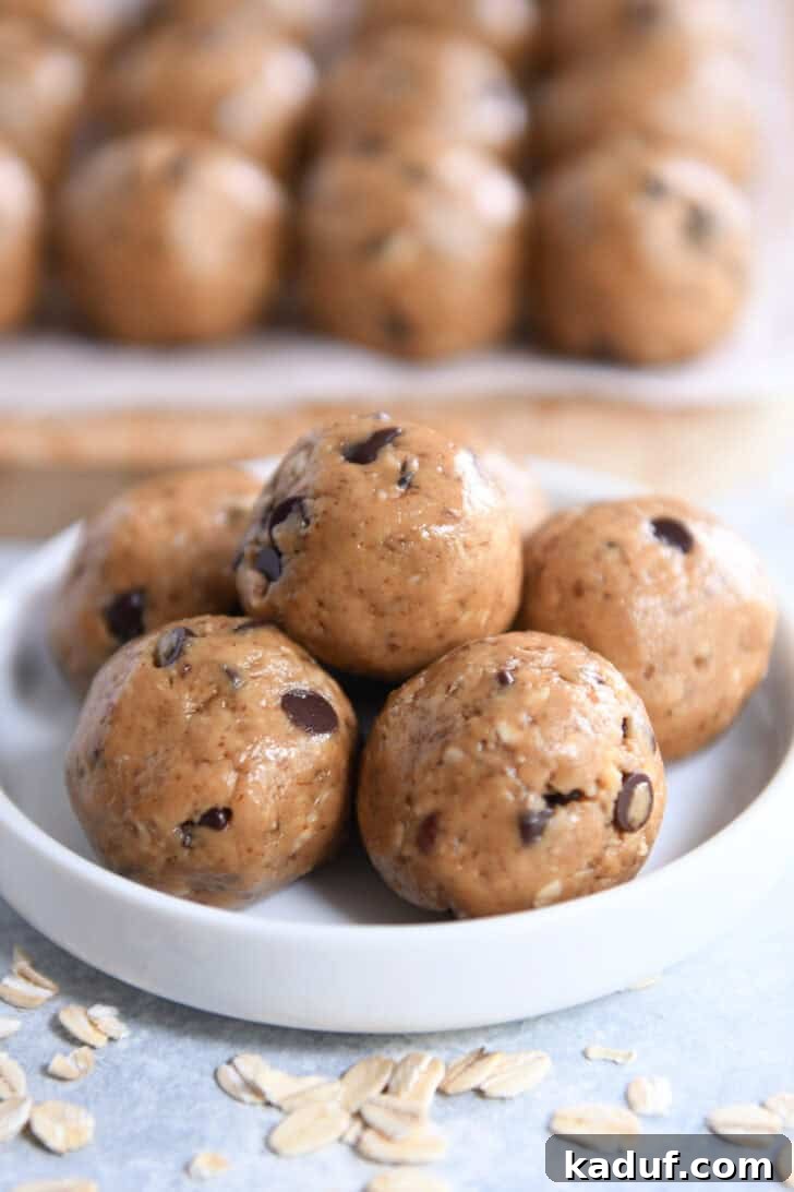 Delicious Protein Bites: Tailored to Your Taste 2 Peanut butter chocolate chip protein balls stacked in a small white dish, with more in the background. Illustrates a tasty and healthy snack option.
