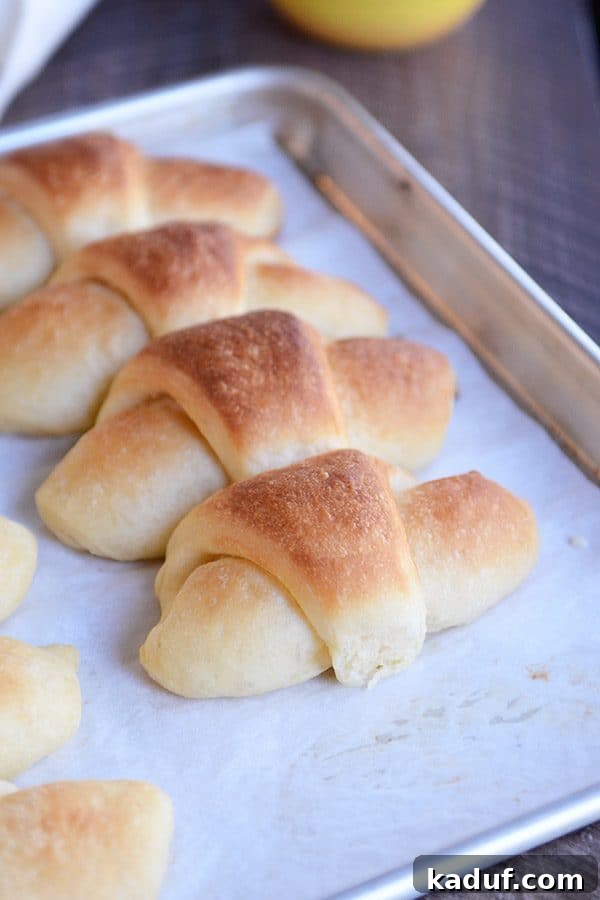 Easy Overnight Buttery Flaky Crescent Rolls 2 A cookie sheet filled with golden-baked make-ahead overnight crescent dinner rolls, ready to serve.
