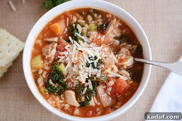 Versatile Poultry and Brown Rice Soup 4 A white bowl of turkey and brown rice soup topped with parmesan cheese, ready to be served.