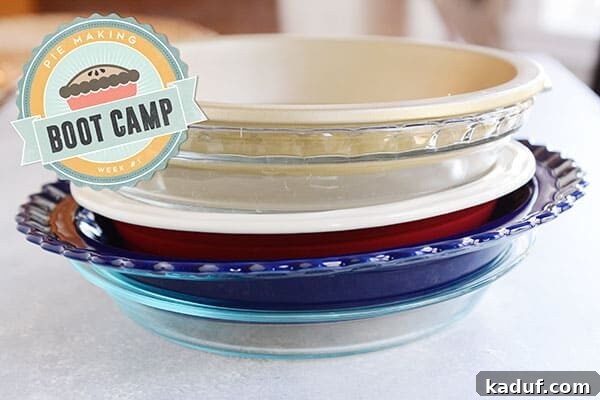 Pie Boot Camp: Gearing Up for Great Pies 2 A big stack of various pie dishes, showcasing different sizes and materials.