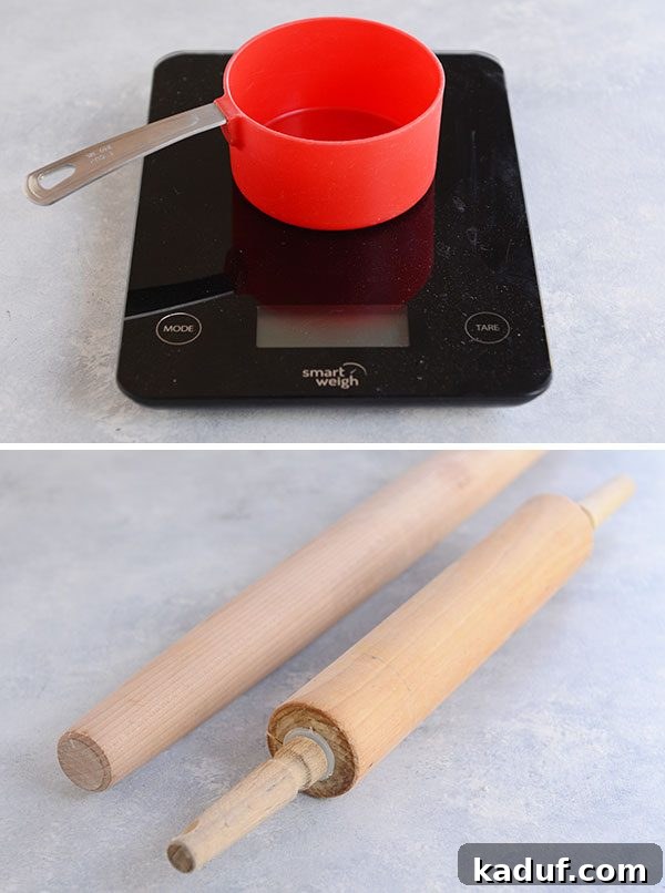 Pie Boot Camp: Gearing Up for Great Pies 5 A red measuring cup on a digital scale, alongside two wooden rolling pins, emphasizing precision in baking.