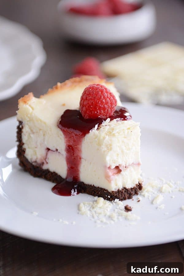 Exquisite White Chocolate Raspberry Truffle Cheesecake 6 A close-up of a slice of white chocolate raspberry cheesecake, with a perfect bite taken out, revealing the creamy white chocolate layers and the striking red raspberry swirl within. The chocolate crust is visible at the base.
