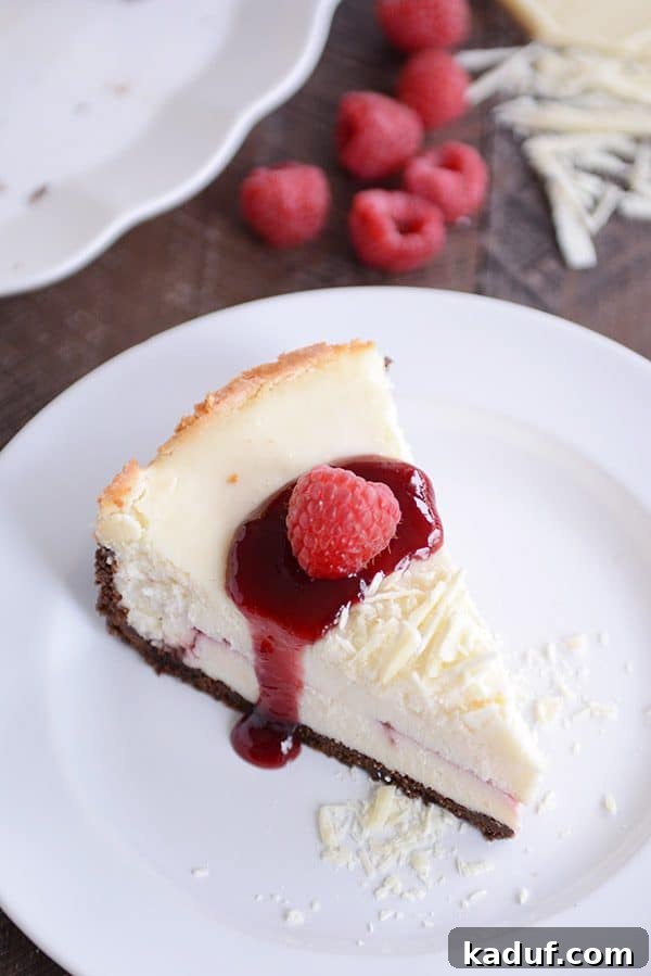 Exquisite White Chocolate Raspberry Truffle Cheesecake 7 A beautiful slice of white chocolate cheesecake drizzled with raspberry sauce and topped with a single fresh raspberry, presenting an elegant and inviting dessert.