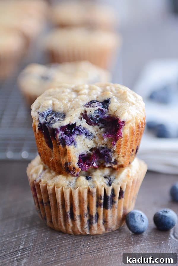 Two blueberry muffins, fluffy and golden, stacked invitingly on top of each other, ready to be enjoyed.