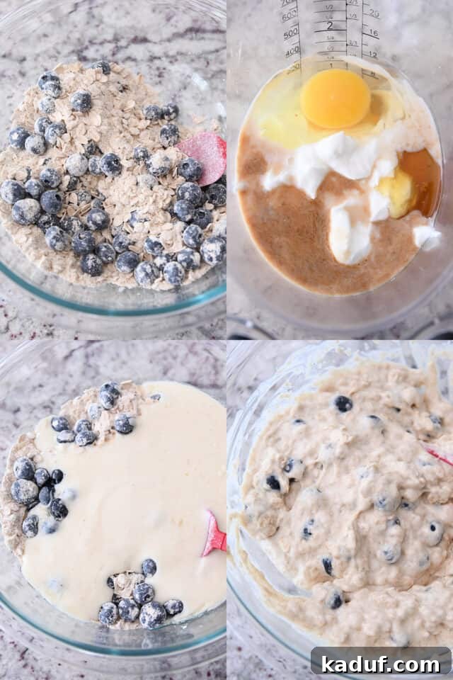 A collage of step-by-step pictures showing the process of mixing Greek yogurt oat blueberry muffin batter in bowls.