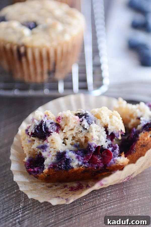 A healthy Greek yogurt oat blueberry muffin expertly split in half, revealing its moist, tender interior and evenly distributed blueberries.