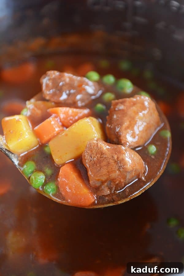Meltingly Tender Instant Pot Beef Stew 2 A ladle full of rich Instant Pot beef stew, showcasing tender beef, vibrant potatoes, carrots, and green peas, glistening in savory broth.