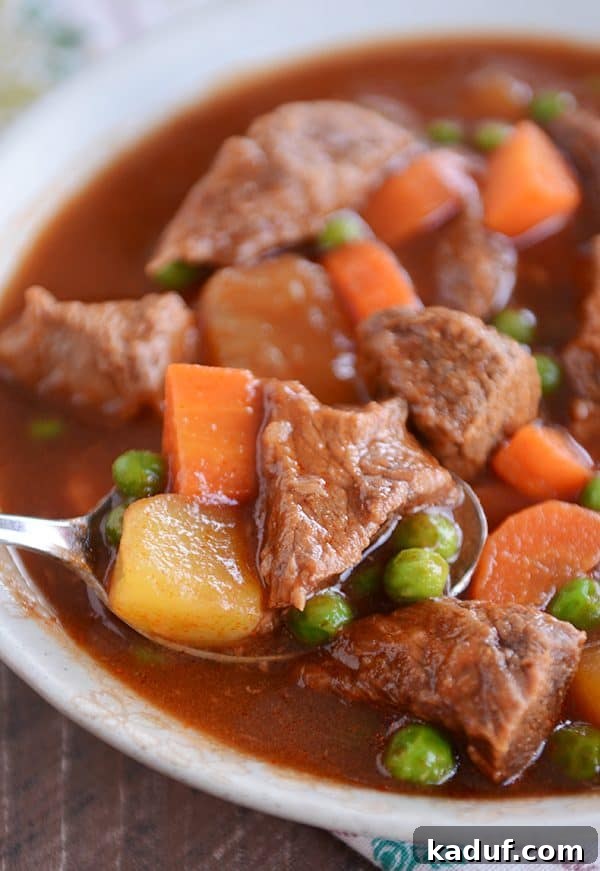 Meltingly Tender Instant Pot Beef Stew 3 A close-up shot of a bowl filled with hearty Instant Pot beef stew, featuring tender beef cubes, colorful carrots, and potatoes, with a spoonful ready to be enjoyed.