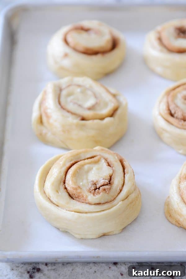 Overnight Cinnamon Rolls for Effortless Mornings 4 Unbaked cinnamon rolls, perfectly shaped and arranged in a baking pan, ready for the next step in the make-ahead process.