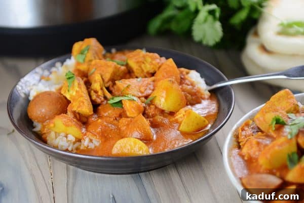Creamy Instant Pot Indian Butter Chicken with Tender Potatoes 5 A generously sized serving of Instant Pot Indian Butter Chicken and rice, ready to be enjoyed.