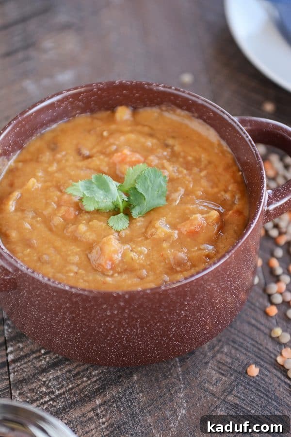 Velvety Lemon Lentil Soup: Instant Pot and Stovetop Friendly 2 A vibrant red pot brimming with a rich, thick, and creamy lentil soup, garnished with fresh herbs.
