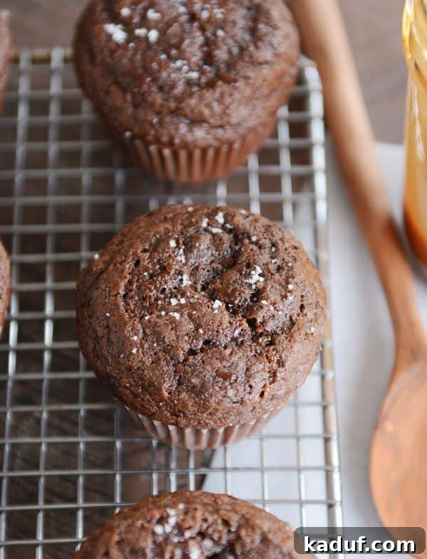 Top down view of irresistible double chocolate salted caramel muffins on a cooling rack, showcasing their perfect dome and inviting texture.