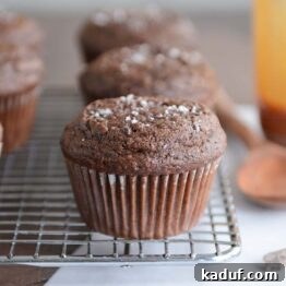 Double chocolate salted caramel muffin on cooling rack