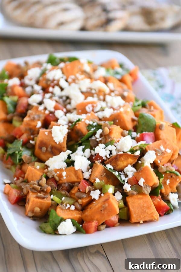 Hearty Roasted Sweet Potato Lentil Medley 3 Roasted sweet potato and lentil salad served on a white platter, garnished with fresh herbs.