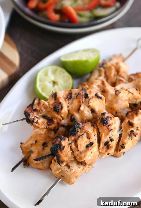 Creamy Almond Coconut Chicken Satay 4 Almond Coconut Milk Chicken Satay served on a white platter.