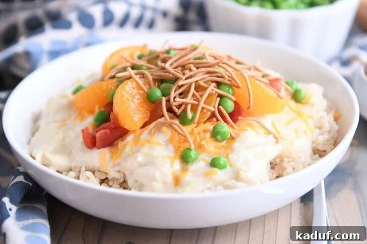 White bowl with brown rice, hawaiian haystacks gravy, mandarin oranges, chow mein noodles and peas.
