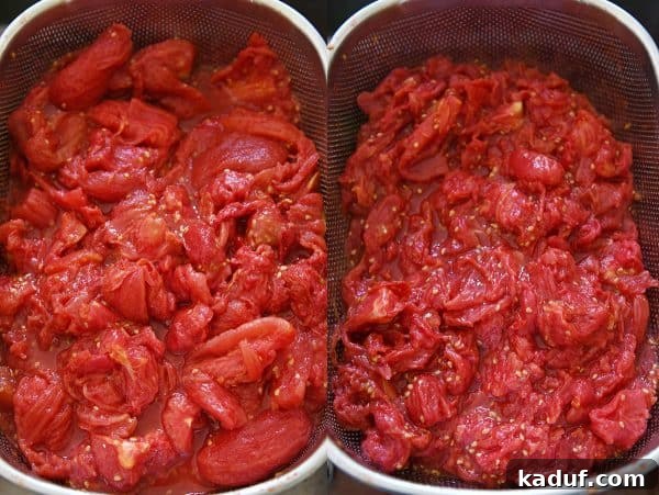DIY Homemade Canned Spaghetti Sauce Step by Step 6 Draining tomatoes for homemade canned spaghetti sauce recipe.