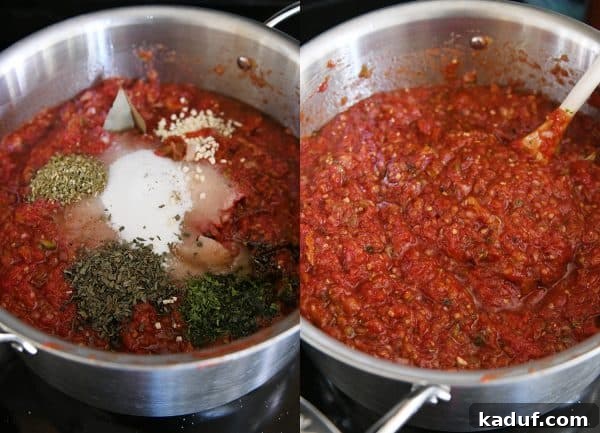 DIY Homemade Canned Spaghetti Sauce Step by Step 7 Combining sauce ingredients for homemade canned spaghetti sauce recipe.