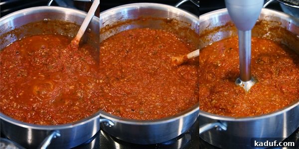 DIY Homemade Canned Spaghetti Sauce Step by Step 8 Simmering sauce in large pot for homemade canned spaghetti sauce recipe.