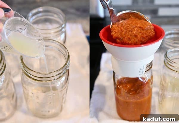 DIY Homemade Canned Spaghetti Sauce Step by Step 9 Filling quart size canning jars with homemade canned spaghetti sauce recipe.