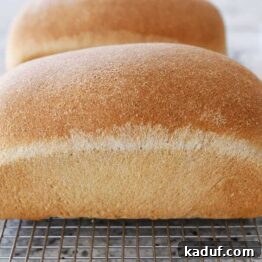 Effortless KitchenAid Small Batch Soft Fluffy Whole Wheat Bread 15 Two loaves of small batch whole wheat bread on cooling rack.