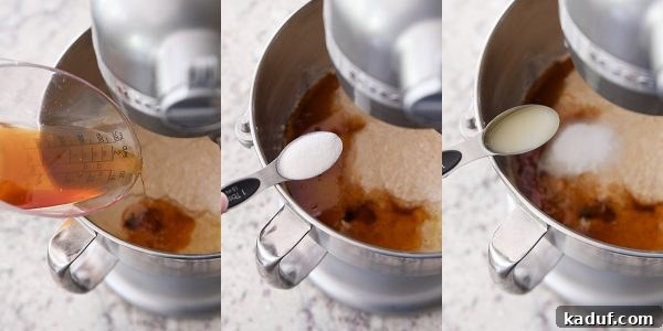 Effortless KitchenAid Small Batch Soft Fluffy Whole Wheat Bread 8 Honey, salt, and lemon juice being added to a bowl of whole wheat flour dough, enriching the flavor.