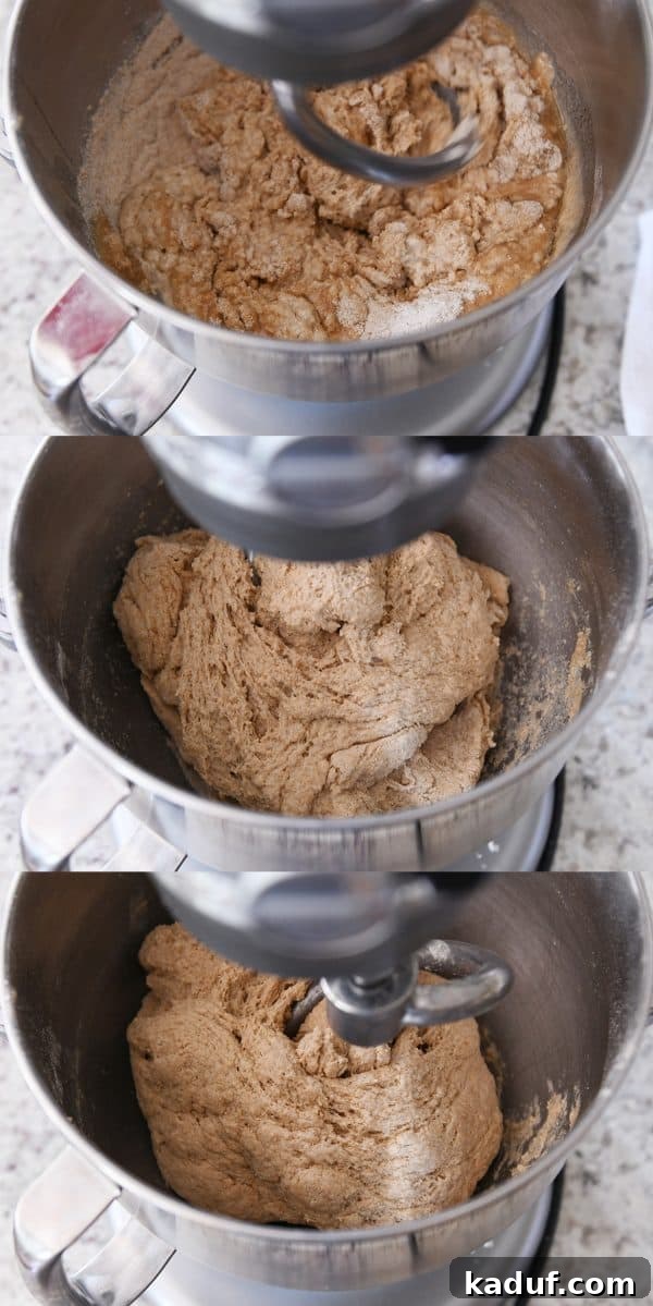 Effortless KitchenAid Small Batch Soft Fluffy Whole Wheat Bread 10 Whole wheat bread dough mixing in the bowl of a KitchenAid, achieving the perfect consistency.