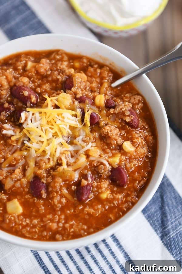 Versatile Quinoa Red Bean Chili Instant Pot and Slow Cooker 5 Top-down view of a vibrant bowl of Instant Pot quinoa red bean chili, ready to be enjoyed.