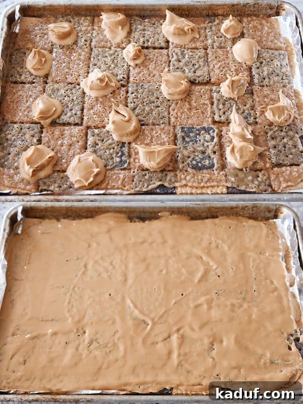 Peanut Butter Chocolate Graham Cracker Bark 6 Easy graham cracker toffee with a luscious layer of peanut butter spread evenly on top.
