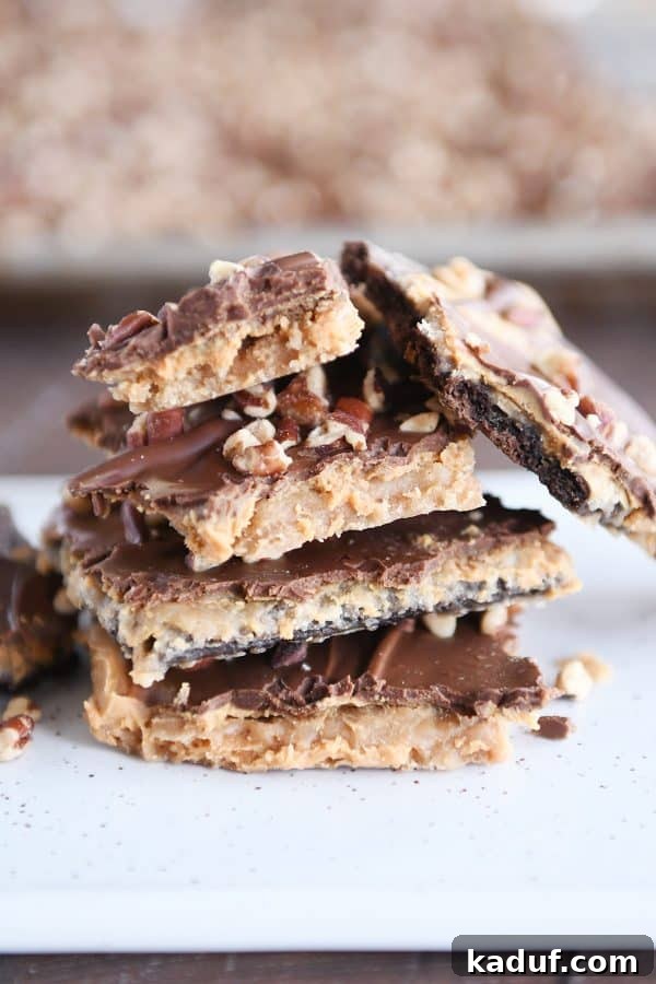 Peanut Butter Chocolate Graham Cracker Bark 8 A beautiful stack of our easy peanut butter chocolate graham cracker toffee, ready for sharing.
