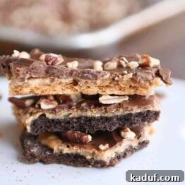 Stack of easy graham cracker toffee with peanut butter.