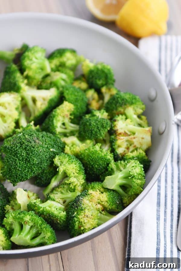 Three Quick Ways to Make Skillet Broccoli 4 Close-up of crisp-tender broccoli florets in a hot skillet, showing beautiful browning.