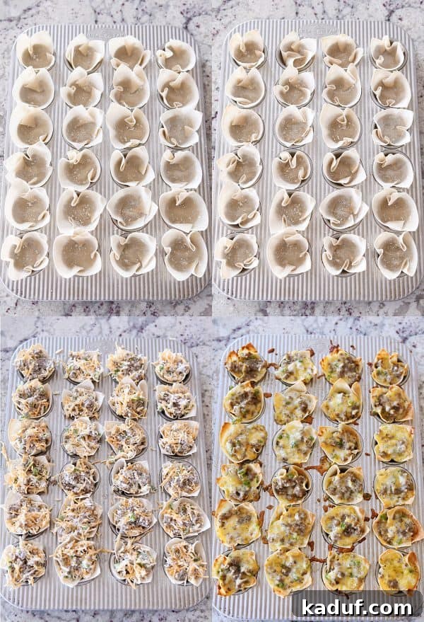 Crispy Cheesy Sausage Wontons 4 Hands carefully assembling cheesy wonton sausage bites into a mini muffin tin, showcasing the process before baking.