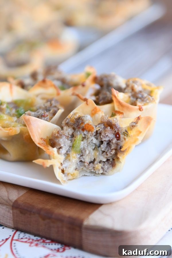 Crispy Cheesy Sausage Wontons 5 A close-up of cheesy sausage wonton bites on a white plate, highlighting the crispy texture and savory filling.