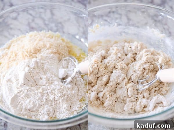 Super Simple Hand Mixed Focaccia 3 Mixing dough for easy focaccia bread in glass bowl.