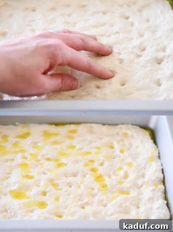 Super Simple Hand Mixed Focaccia 6 Pressing divots into dough of easy focaccia bread in pan.