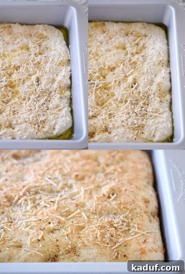 Super Simple Hand Mixed Focaccia 7 Easy focaccia bread in pan, rising, and baked.