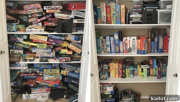 Friday Flash Thoughts 7 A neatly organized game closet with board games stored vertically, showing the successful outcome of a decluttering effort.