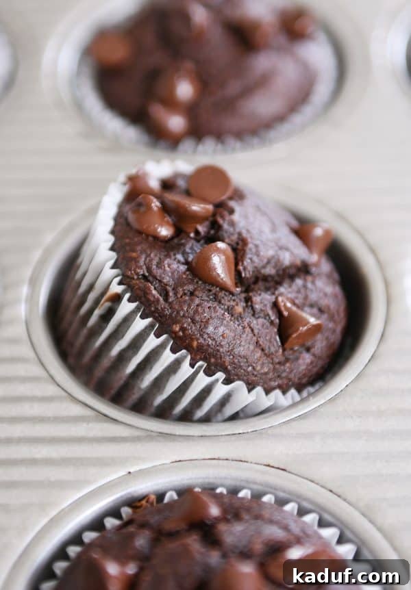Gluten-Free Double Chocolate Banana Blender Muffins 2 Double chocolate banana blender muffin propped on side in metal tin.