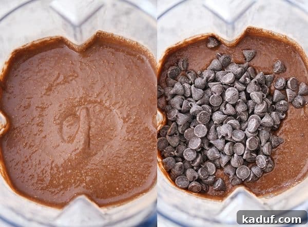 Gluten-Free Double Chocolate Banana Blender Muffins 5 Top down view of blended double chocolate muffin batter with chocolate chips.