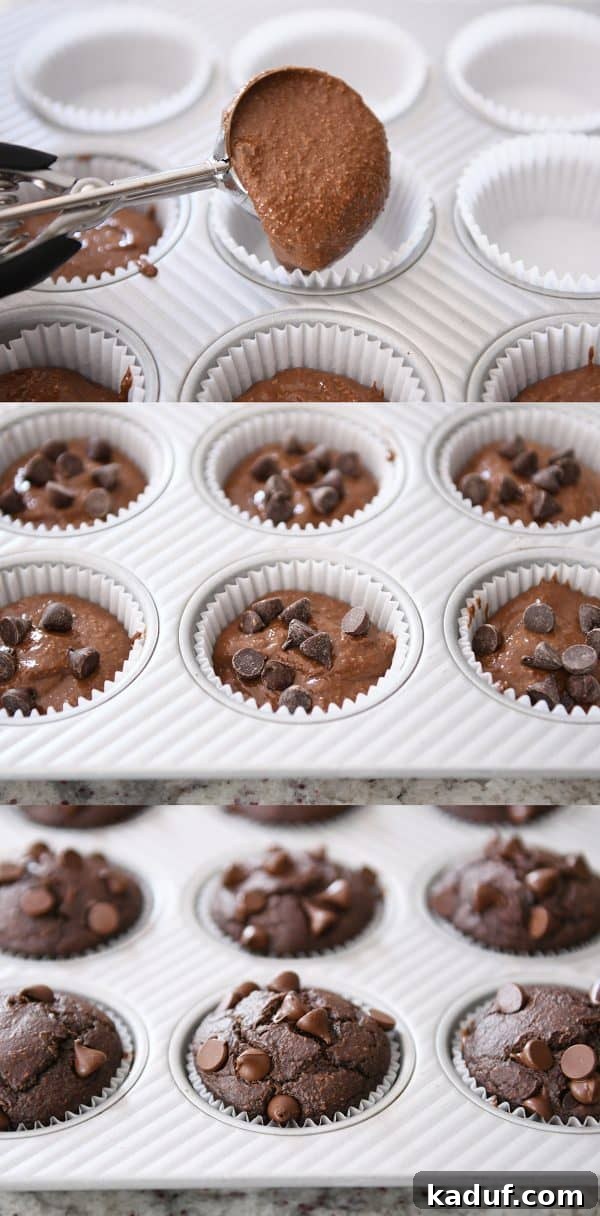 Gluten-Free Double Chocolate Banana Blender Muffins 6 How to process of scooping muffin batter into tin and then showing unbaked muffins and baked muffins.