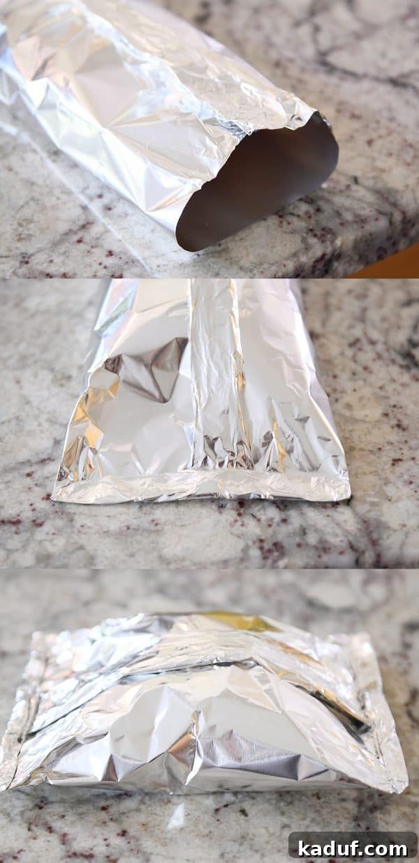 Tropical BBQ Chicken Foil Dinners 5 Three sequential images demonstrating the correct technique for folding and tightly crimping the edges of a foil packet to ensure a secure seal before cooking.