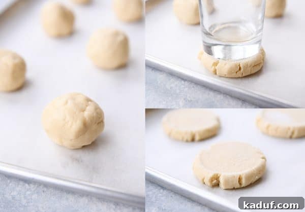 Step by step of cookie dough, pressing with a glass.