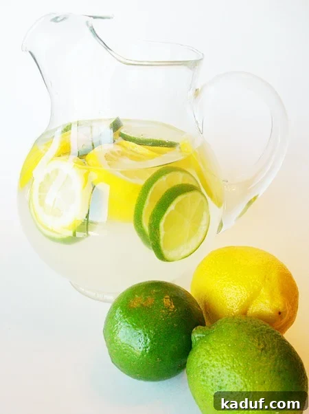 Zesty Citrus Cooler 2 A glass pitcher filled with clear citrus water punch, garnished with fresh lemon and lime slices.