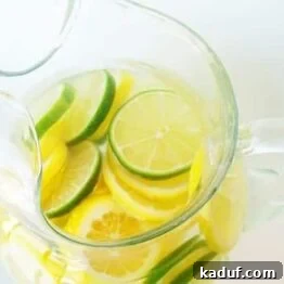 A smaller image of the glass pitcher with clear punch and lemon and lime slices, ideal for a recipe card.