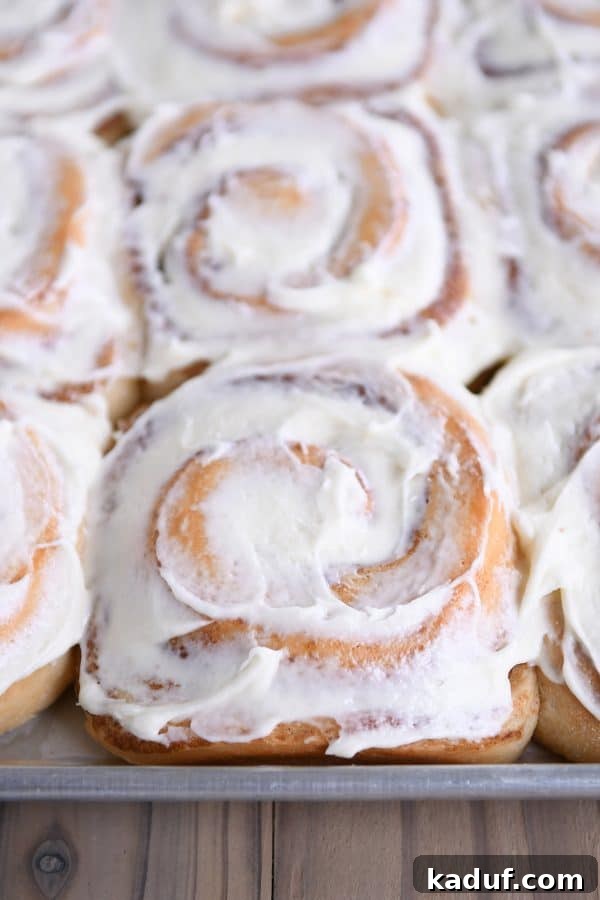 Mastering Yeast Baking: Modern Techniques 14 Half sheet pan with frosted cinnamon rolls.