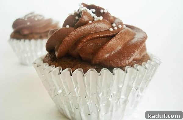 Recess Cupcake Delights 2 A perfectly baked and richly frosted chocolate cupcake, nestled in a shimmering silver liner, waiting to be savored.